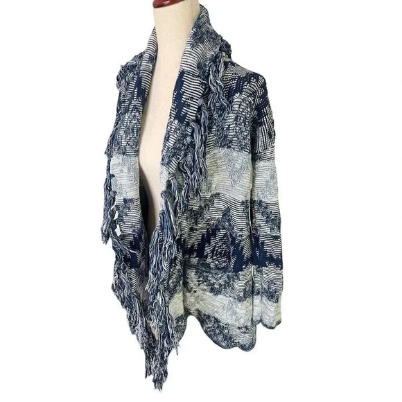 American Eagle Outfitters Boho Southwest Tribal Fringe Blanket Cardigan Blue Med - Picture 2 of 12